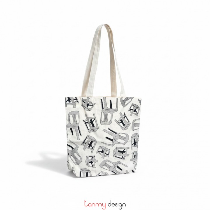 Túi tote vải in họa tiết ghế có 2 khoang túi nhỏ phía sau 35*40cm